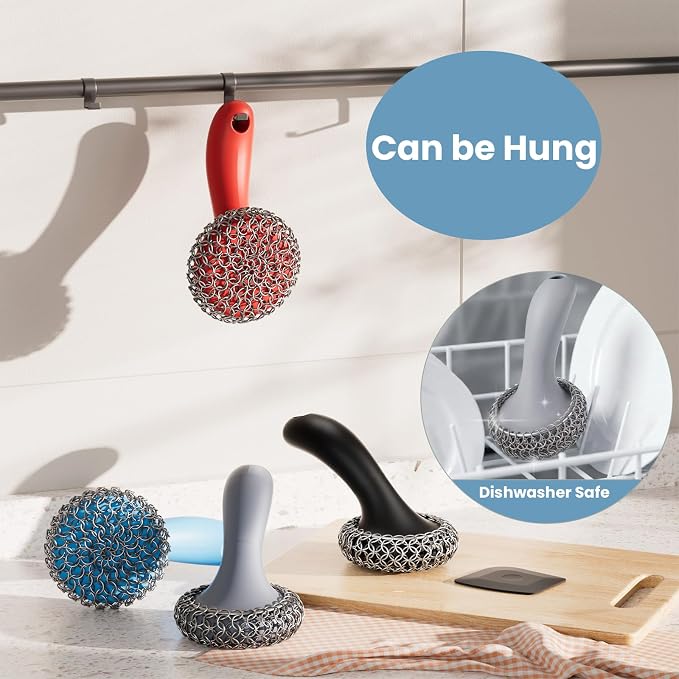 Cast Iron Scrubber with Long Handle Dish Scouring Pad Chainmail Cleaner | 316 Cast Iron Scrubber for Pan Skillet, Dishwasher Safe Cleaning Kit (Grey, 1 Scrubber + 1 Scraper)