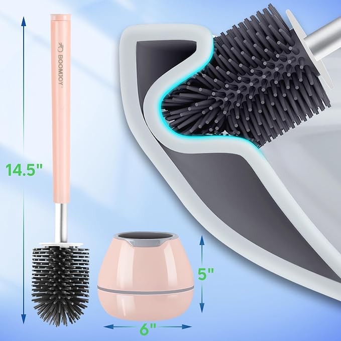 BOOMJOY Toilet Brush and Holder Set, Silicone Toilet Bowl Cleaner Brush, Toilet Scrubber Brush with Tweezers for Bathroom Cleaning, RV Accessories and House Organization Must-Haves - Pink