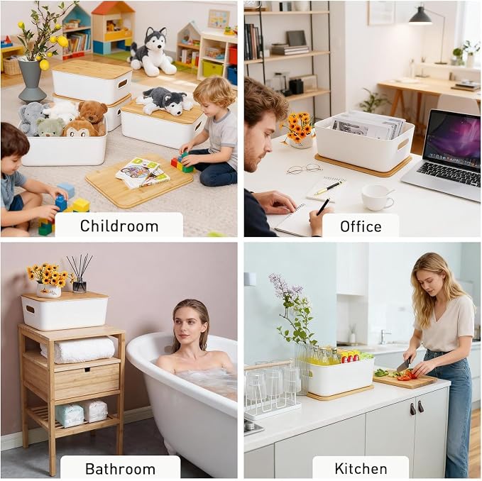 Citylife 16QT Storage Bins with Bamboo Lids, Stackable with Handles, 2-Pack | Decorative Plastic Storage Bins with Lids for Toys, Pantry Items, Crafts, Bathroom Supplies, Shelves, and Home Organization