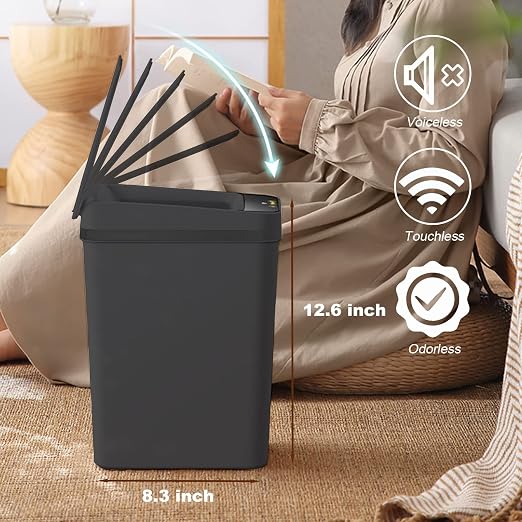 Touchless Bathroom Trash Can - 2.5 Gallon Smart Trash Can Sensor Motion | Skinny Trash Bin with Lid - Electric, Narrow, Plastic, Auto Open - Small Slim Automatic Garbage Can ( Black )