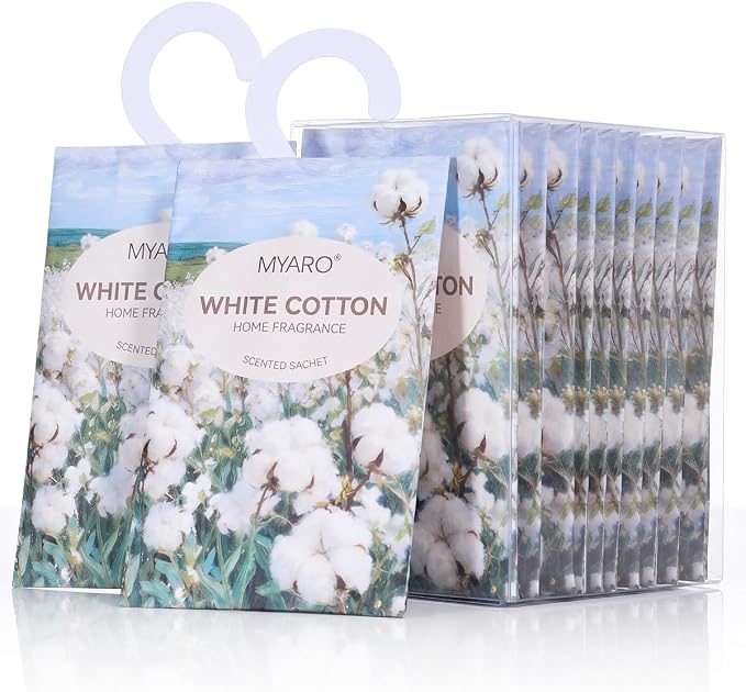 MYARO 12Pcs White Cotton Sachets Hanging Car Freshener, Closet Deodorizer | Long-Lasting Sachet Bags, Odor Eliminator for Closet, Drawer, Bathroom, Clothes, Fabric Refresher, Home Fragrance Gift Set