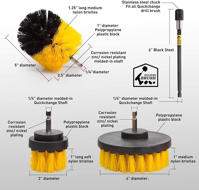Holikme 4 Pack Drill Brush Attachments Set,Power Scrubber for Car & Home | 3 Brush Sizes,1 Extension Rod, Cleaning Supplies for Bathtub, Shower, Grout, Tile,Nylon Bristles, Yellow