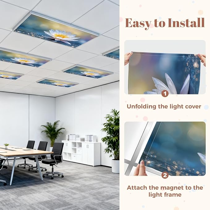 4 Pack Fluorescent Light Covers for Ceiling Lights Lotus Water Worm Glitter Sparkle Light Decorative Magnetic Light Cover Light Filters for Classroom Office Home
