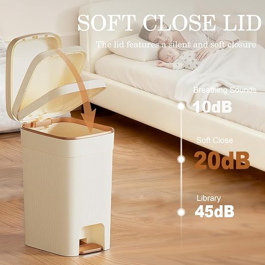 Small Bathroom Trash Can with Lid Slim Step Garbage Can 4 Gallon Cream | Stylish Decor Soft Close Trash Bin Plastic Wastebasket with Trash Bags for Kitchen Bedroom Office Living Room Toilet College