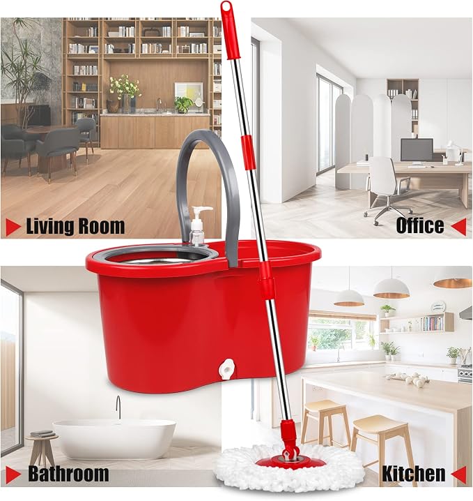 Spin Mop and Bucket System with Stainless Steel Wringer, 3 Mop Heads | Microfiber Spin Mop and Bucket System with Stainless Steel Wringer, 3 Mop Heads & 61" Telescoping Handle