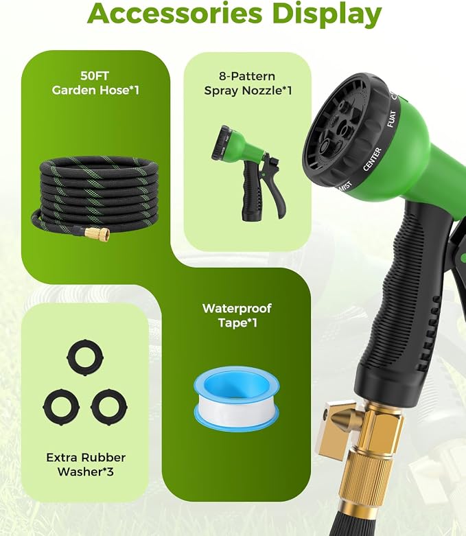 50ft Garden Hose,Non-Expandable Water Hose with 8 Function Spray Nozzle, Burst-Resistant,Kink-Free,Lightweight,Durable & Flexible 3/4" Garden Hose for Gardening, Yard,Lawn, Car Washing