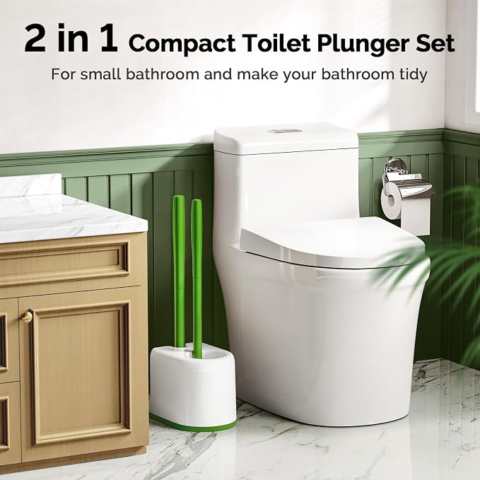 HAMITOR Toilet Plunger Bowl Brush Combo:Heavy Duty Rubber for Drain Clog | Curved Design Bristles for Deep Cleaning Under Rim - Compact Bathroom Cleaning Tools for New Homet Essentials, Green