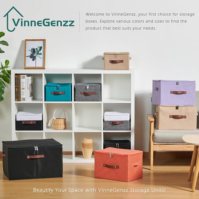 Storage Bins with Zipper Lids Decorative Lidded Baskets Boxes | Clothes Container, Closet Shelf Organizer, Foldable Washable, Cotton Linen Fabric, w/ PU Leather Handles, Black White, Large