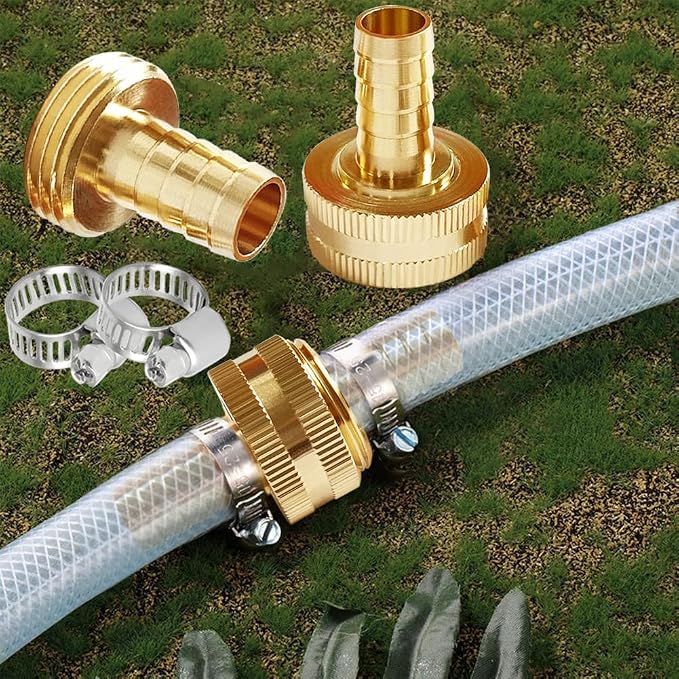 Uenede Brass 1/4" Barb to 3/4" GHT Female Garden Hose End Connector, 2PCS | Splicer Mender Repair Fitting Fit for 1/4"ID Garden Hose Includes Clamps