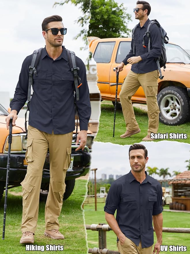 linlon Men's Safari Shirt UV Sun Protection Long Sleeve Hiking Travel | Button Down Mesh Back Vents UPF 50+ Quick Dry Breathable Cool Lightweight Outdoor Travel Fishing Gardening Clothes
