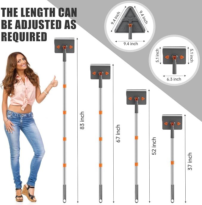 CALBEAU Baseboard Cleaner Tool with Handle, Wall Mop with Squeegee, 8 Pads | 86" Extension Pole, Swivel & Foldable Head, 8 Reusable Pads for Baseboard, Wall, Ceiling, Window, Floor, Dark Gray