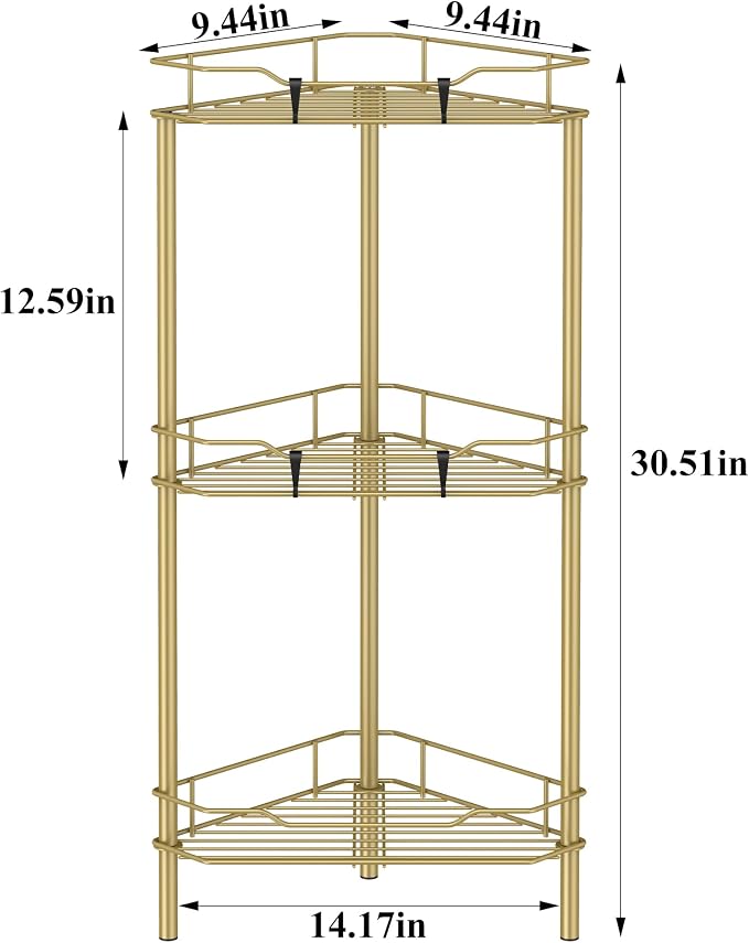 HuggieGems Metal Floor Standing Corner Shower Caddy, Gold, 3 Tier | Adhesive Bathroom Organizer Shelves, Free Standing Shower Rack with Hooks, Hold Large Shampoo Bottles