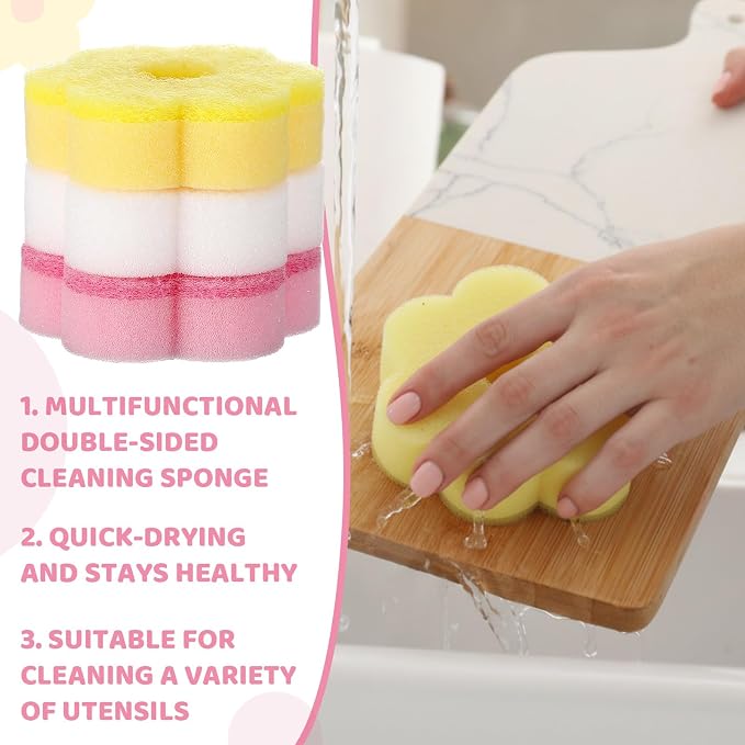 Tioncy 12 Pack Pink Flowers Sponges Sweet Flower Dual Sided Non Scratch | Reusable for Dishwashing Cookware Pot Pan, Cute Kitchen Cleaning Accessories, Non Scratch Bulk Household Supplies