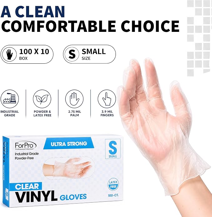 ForPro Disposable Vinyl Gloves, Industrial Grade, Powder & Latex Free, Non-Sterile, Food Safe, 2.75 Mil Palm, 3.9 Mil Fingers