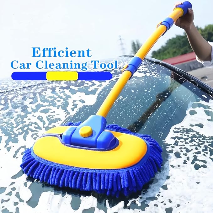MVEQRRN 15°Curved Chenille Car Wash Brush Mop with Long Handle(Blue) | Chenille car wash mop accessories, cleaning brush supplies, microfiber replacement head, for cars trucks RV