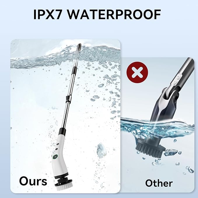 Electric Bathroom Cleaning Brush Cordless Shower Scrubber SD-CTB01 | Spin Scrubber Full Body Waterproof IPX7 with Adjustable Handle, 8 Replaceable Brush Heads for Bathtub/Kitchen/Window/Home