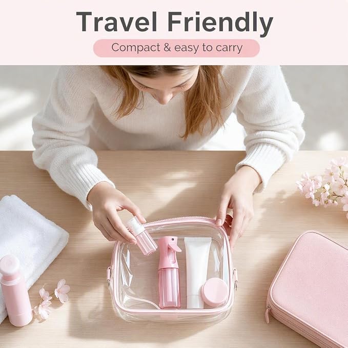 2 Pack Spray Bottles, 6.8oz(200ml) Continuous Spray Bottles & 2oz(60ml) Travel Spray Bottle, Refillable Pink Water Sprayer for Hairstyling, Barbers, Plants, Cleaning, Skincare (PINK)