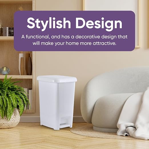 Superio Slim Step On Pedal Plastic Trash Can, Waste Bin for Under Desk, Office, Bedroom, Bathroom, Kitchen (6.5 gal) (White Smoke)