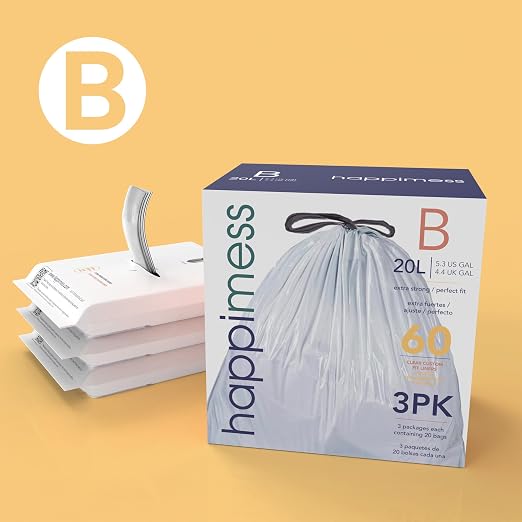happimess 20-Count Unscented 5.3 Gal Trash Bags, Clear, Pack of 4 | Kitchen Can Liners, Drawstring, Heavy Duty LDPE Plastic, Tear-Resistant, Recyclable, Custom Fit