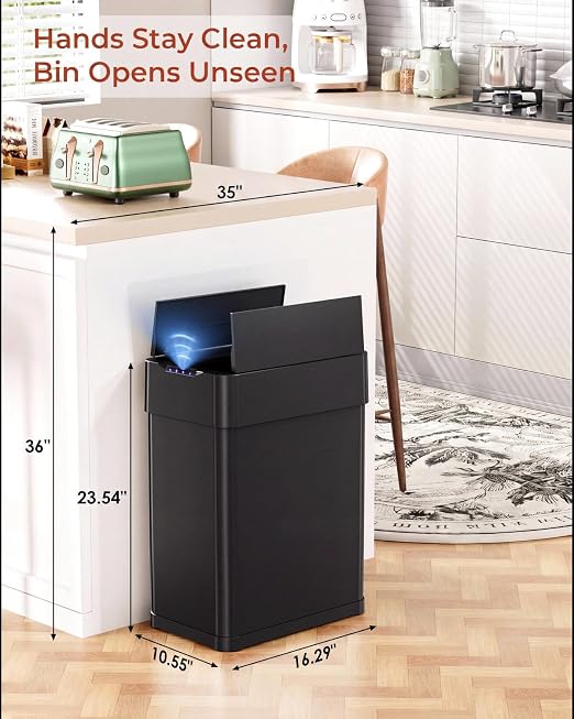 TLSUNNY 13.2 Gallon Automatic Trash Can, Motion Sensor Garbage bin | Stainless Steel Smart Trash Can W/ Butterfly Lid, Bag Retainer Ring for Living Room, Kitchen, Office (Black, 50L)