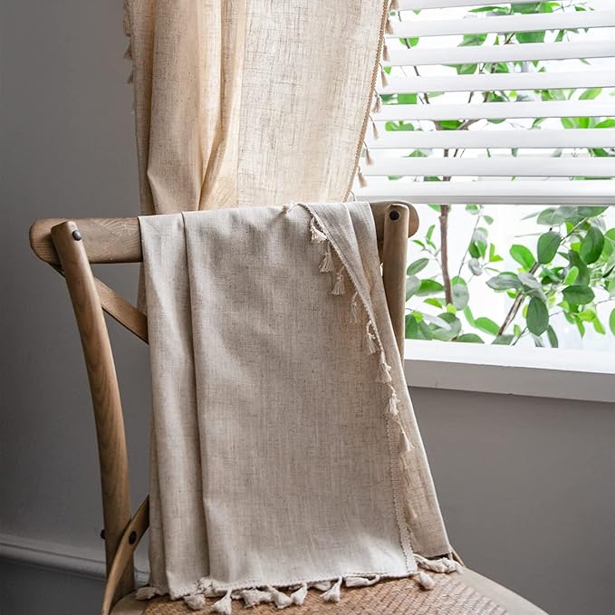 Sutuo Home Boho Curtain for Farmhouse Bedroom, Natural Linen Look Textured Burlap Rod Pocket Chic Light Filtering Bohemian Handmade Tassels Window Treatment for Living Room, 1 Panel 59" W x 108" L
