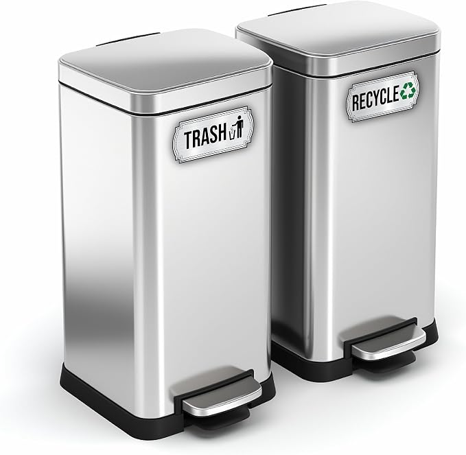 Recycle and Trash Stickers for Kitchen Trash Cans and Recycling Bins, Indoor Trash and Recycle Sticker Combo for Garbage Can Logo Symbol, 2 Silver Decals, 6.5" x 3" Elegant Style with Split-back