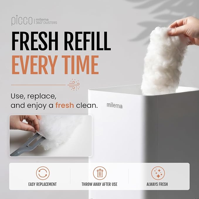milema Picco 360 Microfiber Duster Refill Pads, White, 30 Count Refills | Double-Sided, 360° Cleaning, Easy Dust Pickup, Disposable Microfiber Refills