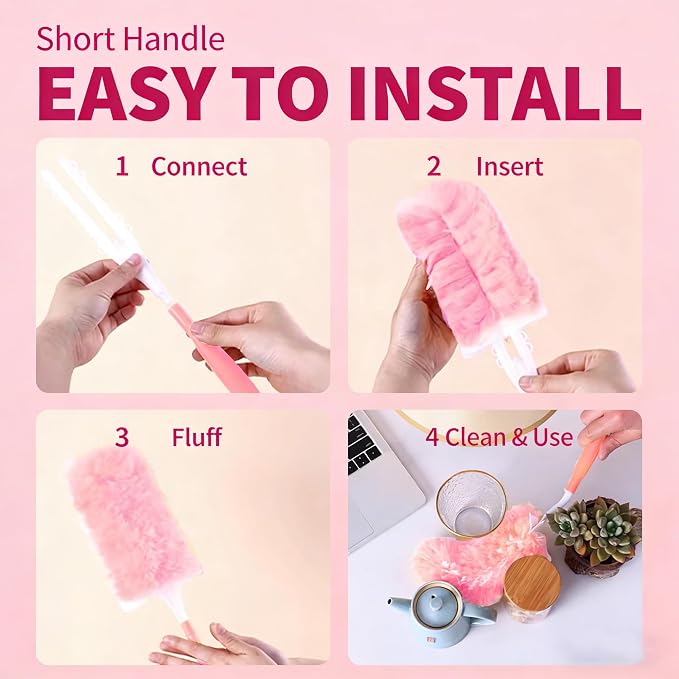 Pink Duster Refill for Swiffer Duster, 20 Count Heavy Duty Duster Refills | Kit with 1 Handle for Cleaning Dusting Furniture Blind Ceiling Fan, 360 Disposable Duster Refills Feather Duster