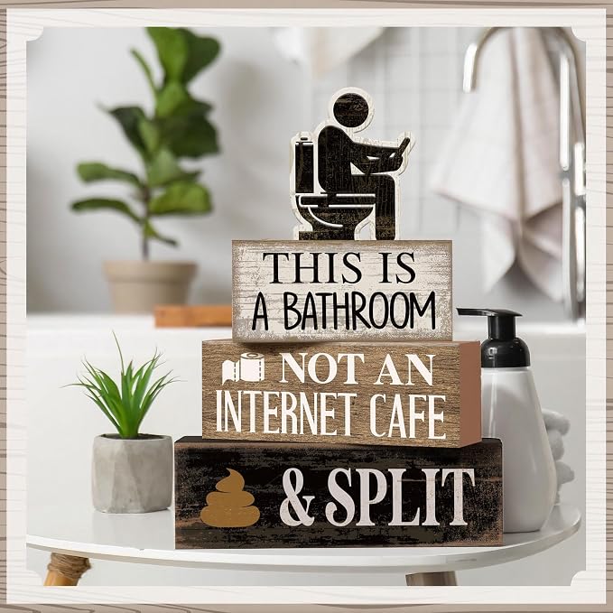 Moucuny 4 Pcs Funny Bathroom Sign, This Is A Bathroom Not An Internet Cafe | Humorous Bathroom Shelf Decor, Farmhouse Rustic Wood, Tiered Tray Accessories, Toilet Humor Conversation Piece
