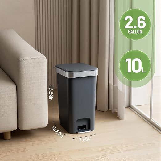 2 Pack Bathroom Trash Can with Lid 2.6 Gallon,Small Step Trash Can | Plastic Garbage Can with Press Top Bin & Foot Pedal Trash Bin, Mini Waste Basket for Bedroom,Home Offices,Dorm,RV(Black Gray)