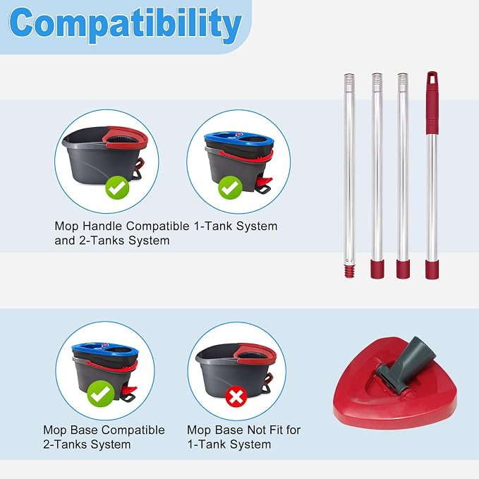 Mop Handle for Ocedar, Mop Handle for O Cedar, Spin Mop Replacement Handle for O Cedar, 4-Section Spin Mop Handles and Base for Ocedar, 30" to 58" Mop Stick Pole Handle and Base for Ocedar Spin Mop