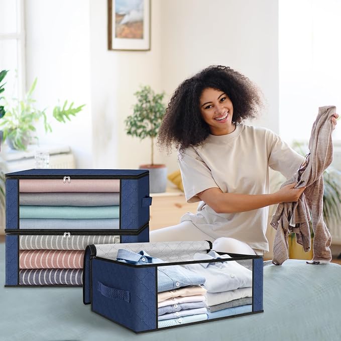HomeHacks 4-Pack Clothes Organizer Storage Bags, 35L Storage Bins, Blue | Foldable Storage Box Container with Zippers, Clear Window, Reinforced Handles for Closet, Dorm, Pillows, Bedding, Sweater