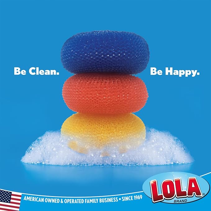 LOLA Plastic Mesh Scouring Pads - 3 Pack, 3.375" x 1.25", Non-Scratch Scrubbers to Clean Dishes, Assorted Colors - 1 Red, 1 Blue & 1 Yellow