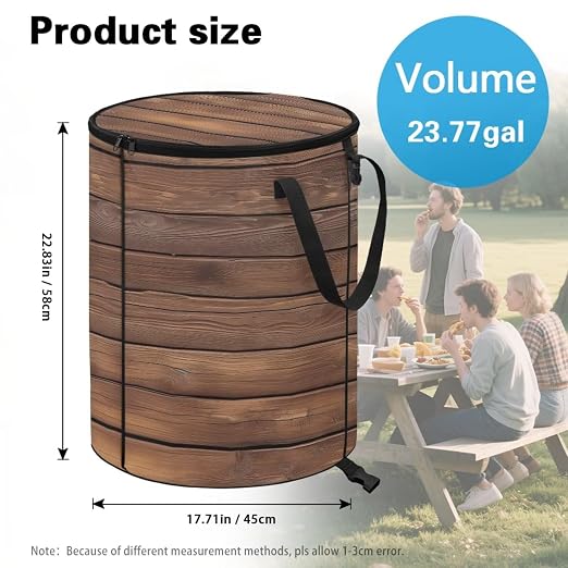BIGCARJOB Wood Grain Collapsible Trash Can Portable Tall Trash Can Oval Recycling Bin 22.83x17.71 Outside Garbage Bin Storage Bag with Clip and Zipper Lid