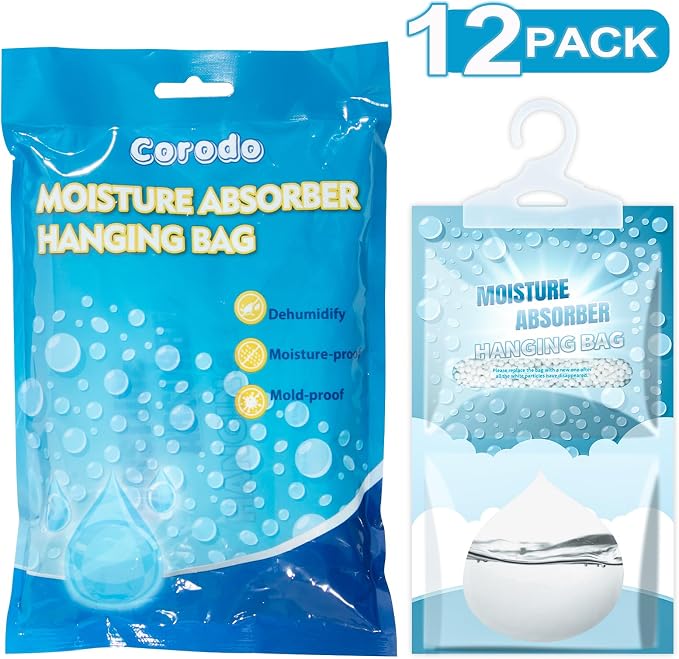 12 Pack Hanging Closet Dehumidifier Bags Moisture Absorbers for Cars | Fragrance Free Leakproof Moisture Absorbing Bags for Closet, Bathroom Basement RV, Eliminates Odors for Fresher, Cleaner Air