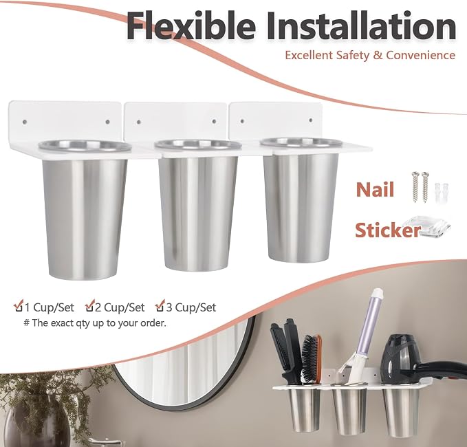 Hair Tool Organizer Wall Mount, Hair Hot tools Holder with 3 Cups | Acrylic Rack with Stainless Steel 3 Cups for Blow Dryer Holder, Hair Styling Holder Flat Iron Holder Curling Iron Organizer