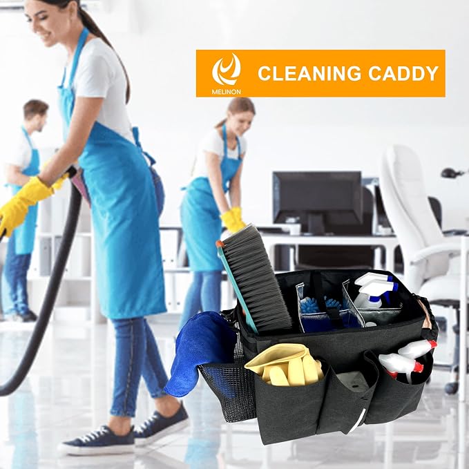Large Cleaning Caddy Bag, Wearable Cleaning Supplies Organizer with Shoulder and Waist Straps, Multiple Compartments Tool Organizer with Detachable Divider for Cleaners (Black)