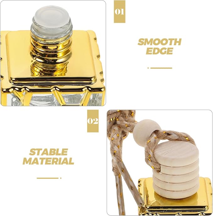 3pcs Ml Refillable Hanging Perfume Bottle with Compact Square Design, Made of Wood, Glass, and Aluminum Alloy, for DIY Perfume Creation and Travel, Elegant Golden Car Air Freshener