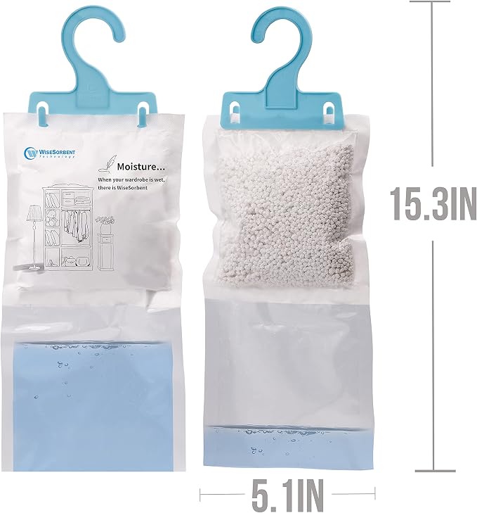 Wisesorb Moisture Absorber Packets with Plastic Case & Hook, Odor Eliminator, Leak Proof, Fragrance Free, Humidity Packs, Hanging Closet Dehumidifier Bags, Moisture Absorber (4 Packs)