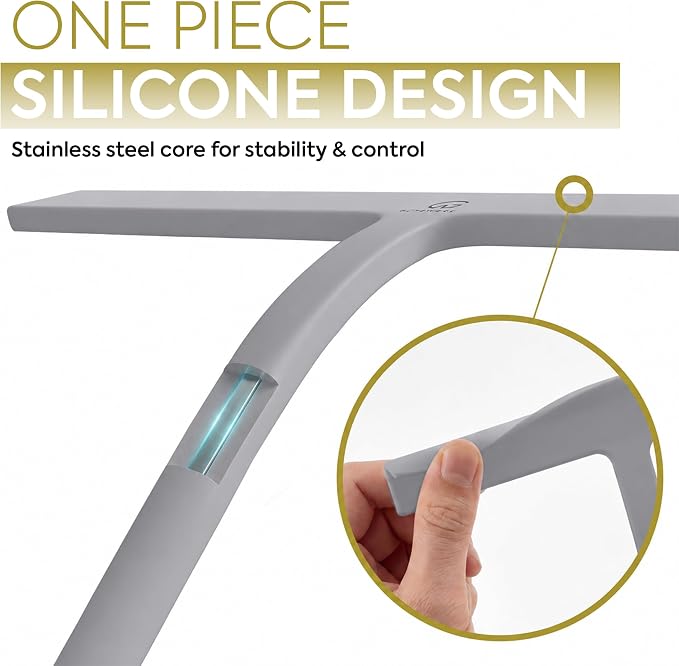 Shower Squeegee for Glass Doors, 10″ Gray with No-Drill J-Hook | Hang Anywhere Without Adhesive, Seamless One-Piece Silicone, Encased Steel Core, Streak-Free Shower Squeegee for Glass & Tile