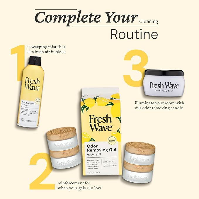 Fresh Wave Odor Removing Gel 4-Pack Glass Jar & 63oz Refill, Lemon | Refills 7oz gel up to 9 times or 15oz up to 4 times. Gel odor eliminator for bathroom, closet, or garage. No plug-in.