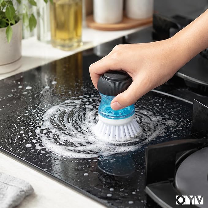 OYV Soap Dispensing Palm Brush Set | Includes Silicone Drip Tray, 1 Refill, Non-Scratch Nylon Bristles, Kitchen Dish Scrub Brush for Cleaning Pots, Pans, Sinks