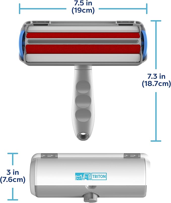 Triton Pet Hair Removal Tool w/Fur Trapping Compartment, Gray/White | 60% Smaller Storage Size, Detachable Handle, Reusable Shedding Roller, Cleaner, For Cat and Dog Hair, Couch Brush, For Car