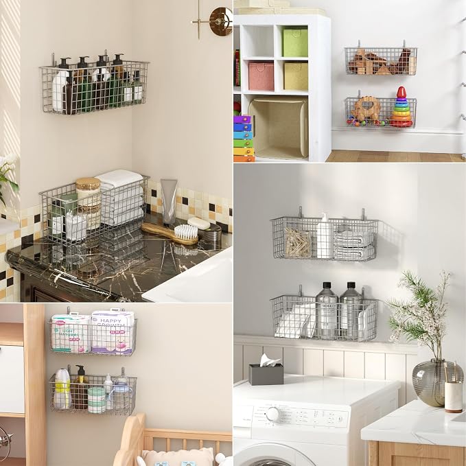 2 Sets Grey Extra Large Hanging Wall Basket with Steel Hooks | Metal Wire Baskets for Organizing, Wallmounted Fruit Vegetable Toy Snack Storage, Home Kitchen Bathroom Laundry Pantry