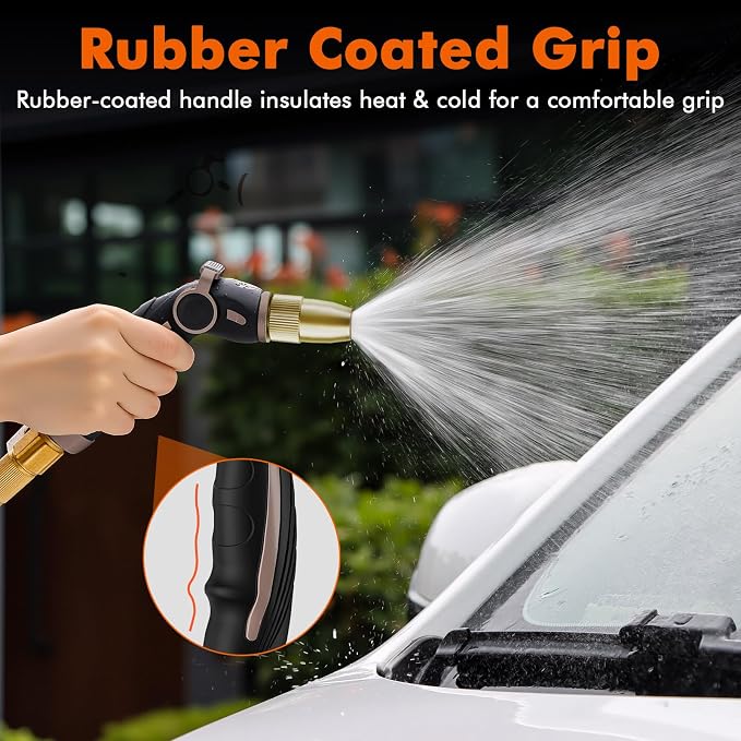 RESTMO Garden Hose Nozzle, Heavy Duty Water Hose Sprayer Nozzle, Brown | Brass Head, Thumb Control, Adjustable 4 Spray Patterns, Leak-proof, Metal Hose Nozzle for Outdoor Lawn & Plant & Car