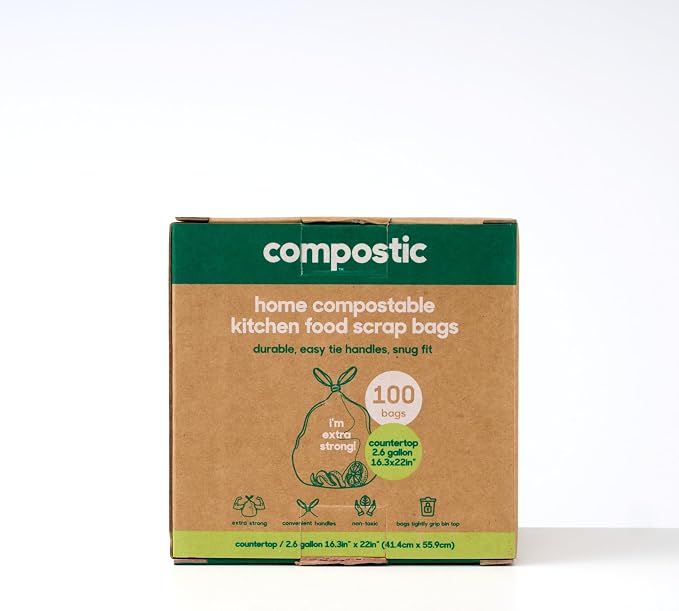 Compostic Compostable Trash Bags, 2.6 Gallon Bathroom Bin, 100 Ct | Fits 2.6 Gal Bathroom Bins, Extra Strong, Home Compostable, Plant-Based, BPA & GMO Free