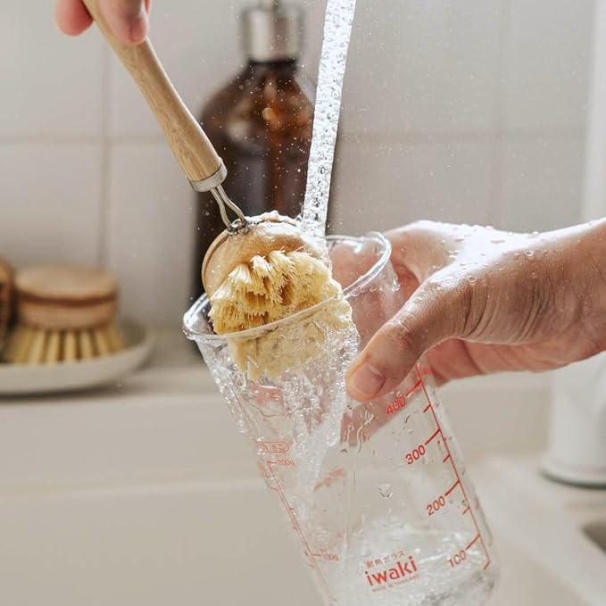 JUNGLE CULTURE Bamboo Dish Brush ⢠3 Swap Heads & Loofah Sponge ⢠4 Piece | Non Toxic Plastic Free Kitchen Brushes for Pots, Pans, Cast Iron, Jars & Vegetables ⢠Natural Fiber Bristles