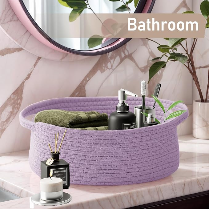 JMvicyroam Small Woven Basket, Empty Gift Basket, Purple/2 Pack | Small Gift Basket, Cotton Rope, 12 x 8 x 46 in, Handles, Includes Ribbon and Bag, Birthday Gift Basket