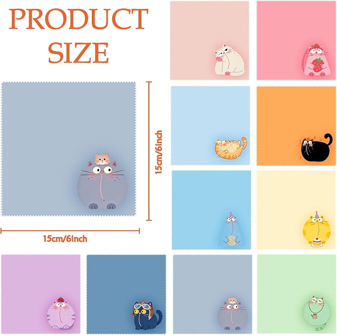 SEIBER Microfiber Cleaning Cloth Wipe for Glasses,10P Cute Cat Multicolor | for Eyeglass Lens Phone Screen and Camera,Soft Cloth,Streak-Free, Lint-Free, Scratch-Free