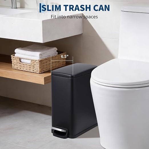 Slim Narrow Kitchen Trash Can with Lid, 10L Stainless Steel Step Pedal Garbage Can, Soft Close & Stay Open Lid Design, Space Saving Trash Bin with Removable Inner Bucket for Kitchen, Bathroom,Black